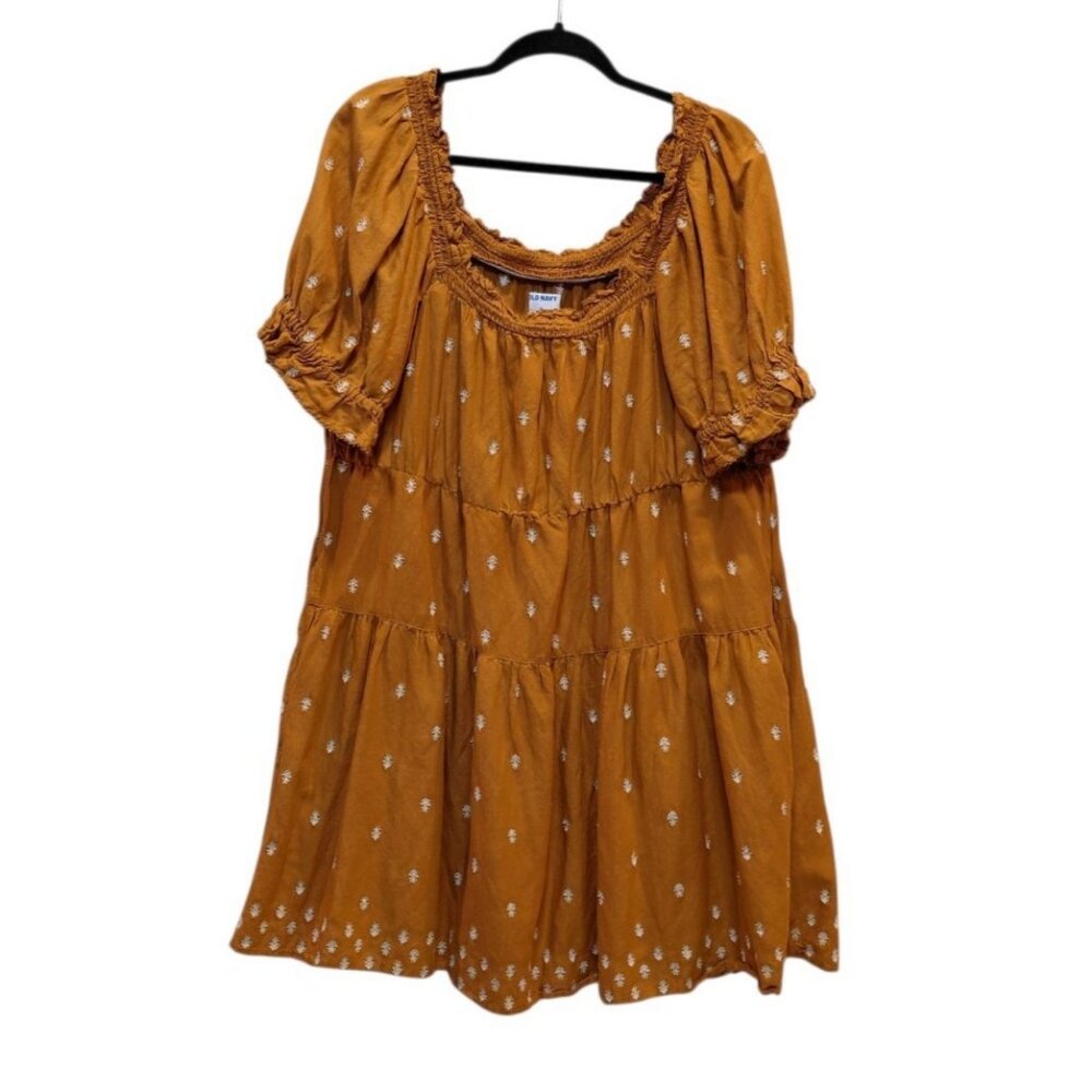 Old Navy Puff Sleeve‎ Tiered Smocked Embroidered Mini Swing Dress XL Mustard